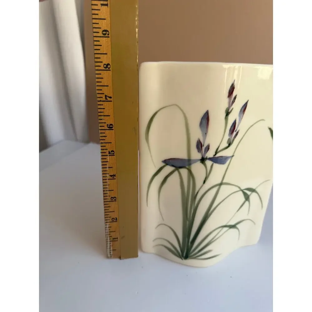 Signed Studio Pottery Vase | Purple Iris Art  Hand Painted Floral Vase Botanical